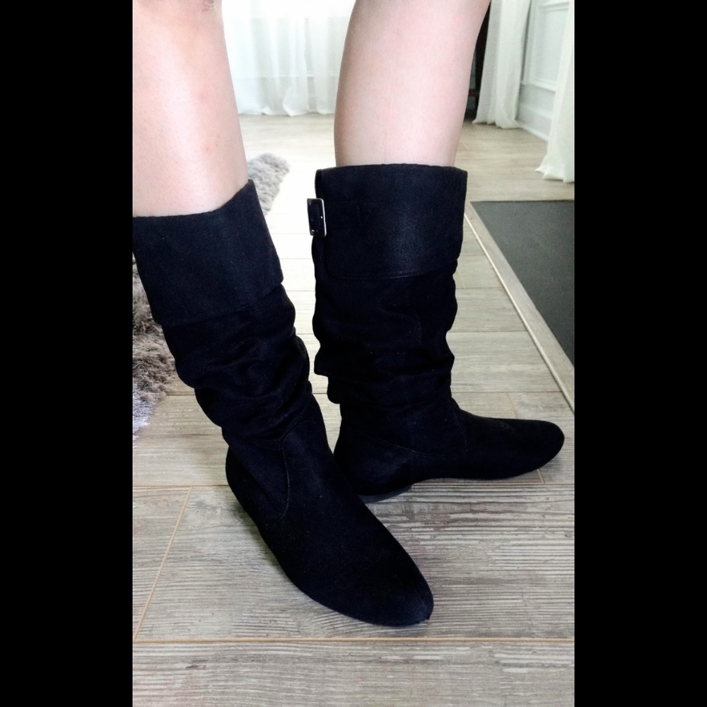 Black faux suede slouch boots